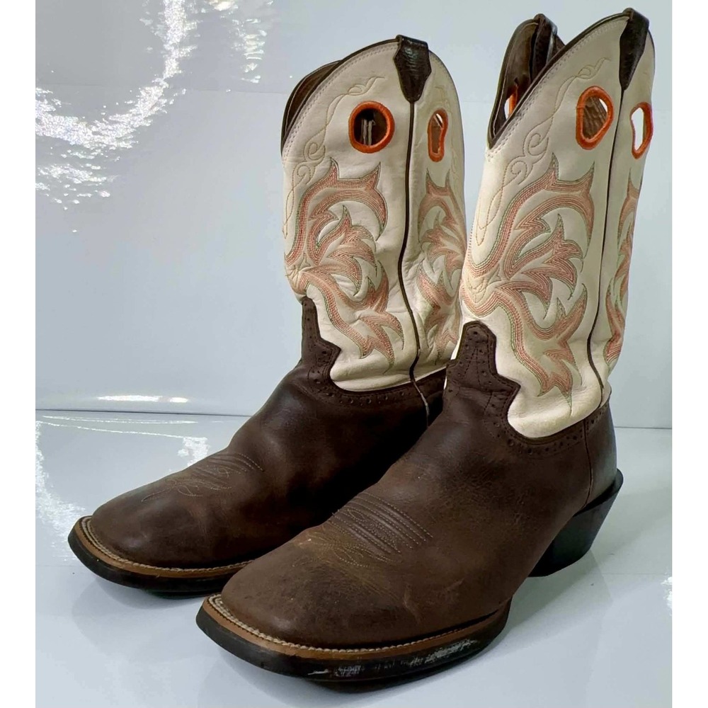 Justin 2526 Stampede Punchy Cowboy Boots Mens 9.5 EE Mocha Brown Cream Leather